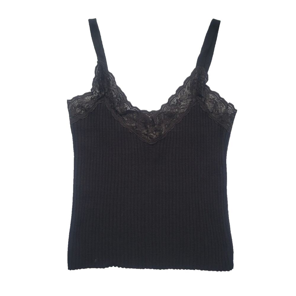 Vintage Y2K Coolwear Lace Trim Tank Top Size M Black Dark Romantic Goth Coquette